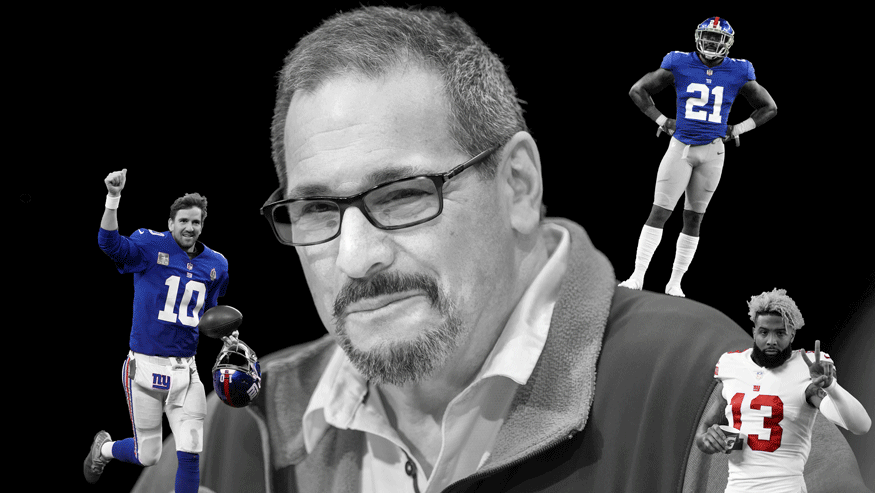 Giants GM Dave Gettleman (center) has made some puzzling decisions this offseason. (Design: Joe Pantorno/Metro US)