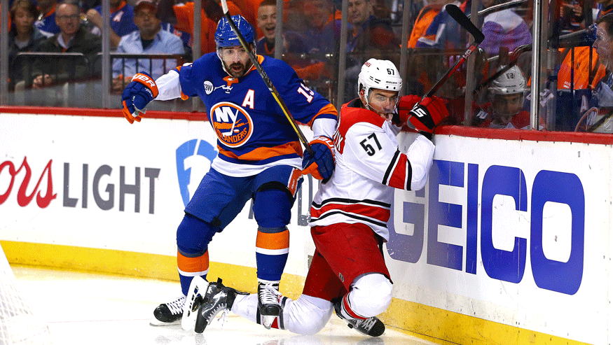 Cal Clutterbuck injured Trevor van Riemsdyk with this hit during Game 2. (Photo: Getty Images)