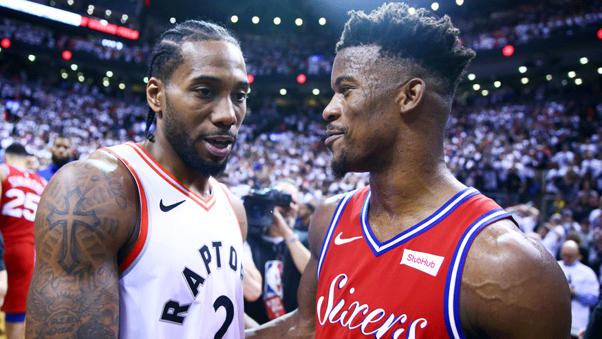 Jimmy Butler (right) is one of three big names for the 76ers headed to free agency this summer. (Photo: Getty Images)