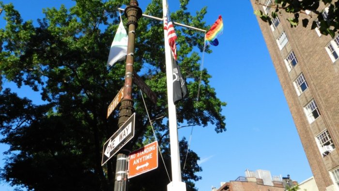 Rainbow flag flies high, proud and permanently near Stonewall Inn.