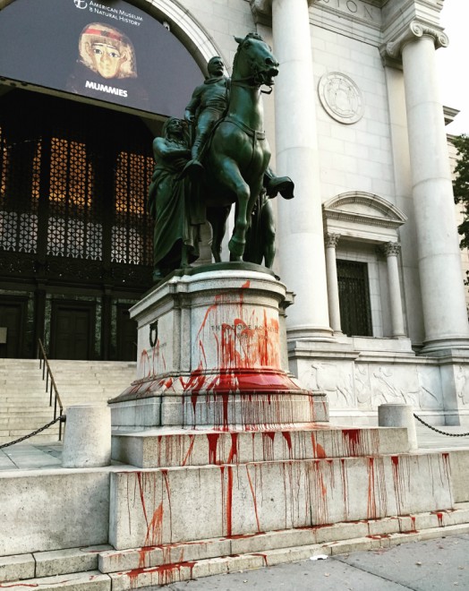 The Teddy Roosevelt statue outside the American Museum of Natural History was splattered in red paint by unknown vandals.