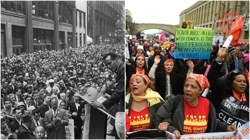 The '60s shows us how our current historical moment began in half a century ago. At left, Harry Belafonte addresses a crowd of 10,000 civil rights marchers in 1960. At right, participants in the Women's March in 2017. Credit: Bettman, The Washington Post