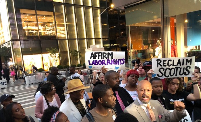 Brooklyn City Council Member Jumaane Williams, center, was among seven people arrested after protesting President Trump’s conservative Supreme Court nominee Brett Kavanaugh outside Trump Tower. (Twitter/jumaanewilliams)