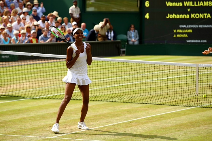 Venus Williams celebrates her semifinal win at Wimbledon over Johanna Konta. (Photo: Getty Images)