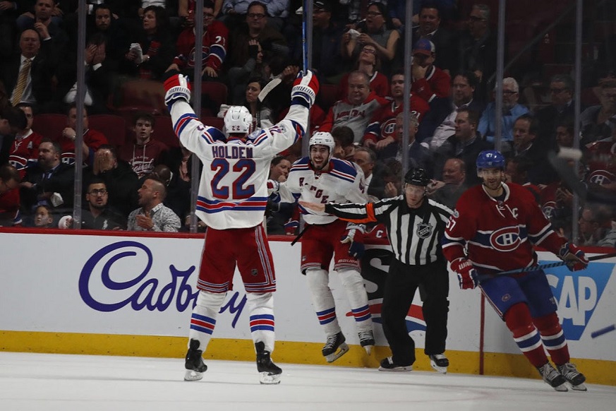Rangers winger Mika Zibanejad celebrates his game-winning goal against the Canadiens during Game 5 of the 2017 Eastern Conference quarterfinals. (Photo: New York Rangers Twitter)