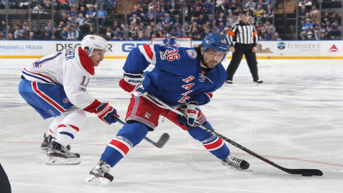 Rangers forward Mats Zuccarello drives to the net during Game 6 of the 2017 Eastern Conference quarterfinals against the Montreal Canadiens. (Getty Images)