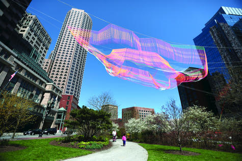 Brookline artist’s multicolor aerial sculpture installed above the greenway