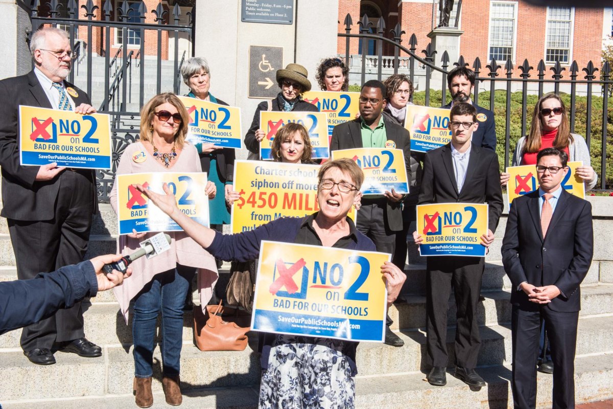 Massachusetts school committee members bring ‘No on Question 2’ message to