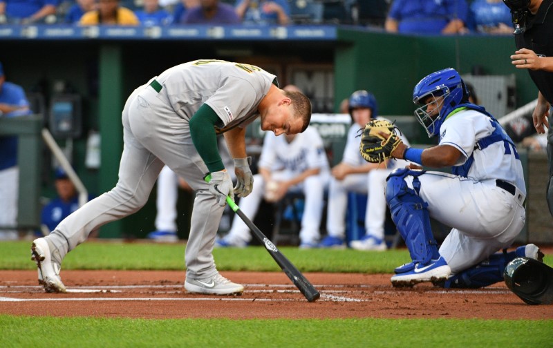 A’s 3B Chapman out of lineup after beaning