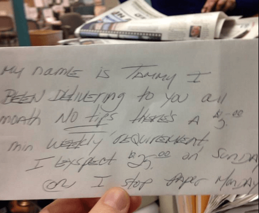 Tammy the newspaper delivery woman writes notes demanding ‘tips or no