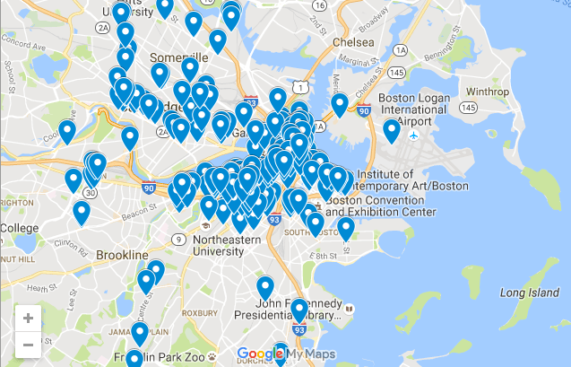 Map shows Boston bars and restaurants with free WiFi