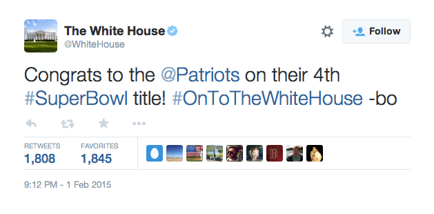 White House Twitter, Obama tweet out #OnToTheWhiteHouse at Patriots