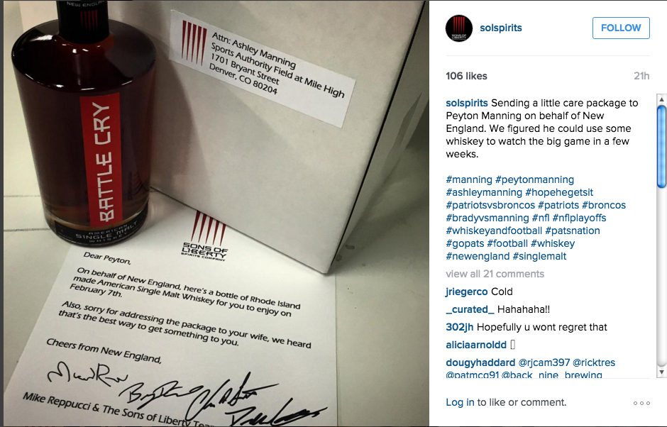 Sons of Liberty liquor trolls and sends whiskey to Peyton, Ashley Manning
