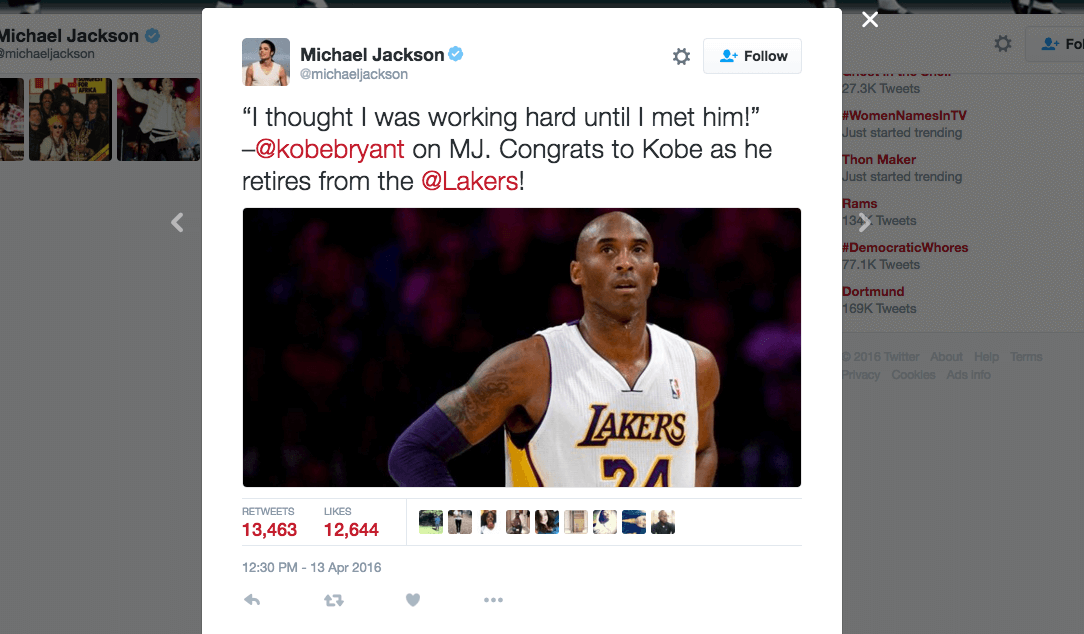 Michael Jackson not dead? Twitter account comes alive during 2016 Kobe game