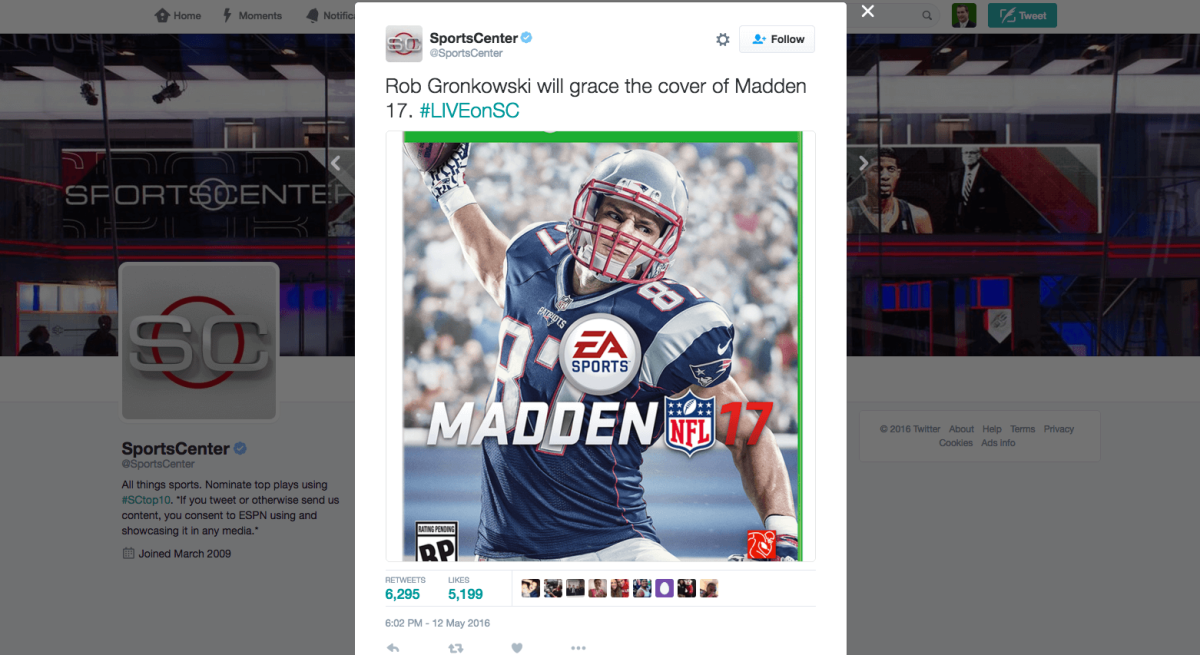 Rob Gronkowski will be on the cover of Madden 2017