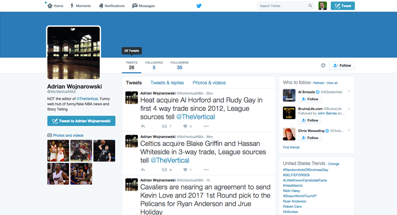 Adrian Wojnarowski @WojVerticalNBA – Beware of Twitter fakes on NBA trade