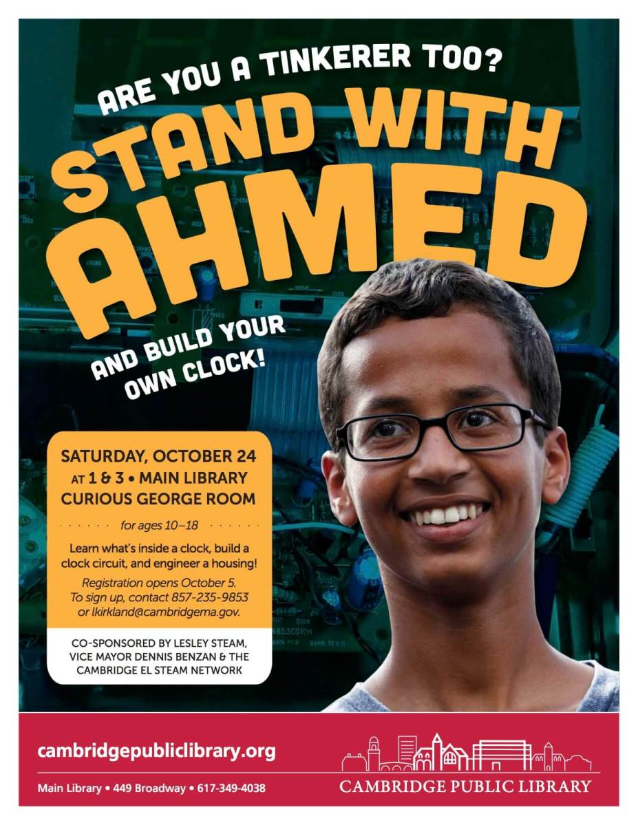 Stand with Ahmed at clock-building event for kids in Cambridge