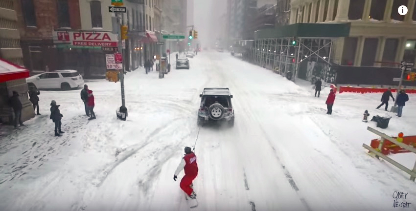 VIDEO: Filmmaker Casey Neistat snowboards through NYC streets during blizzard
