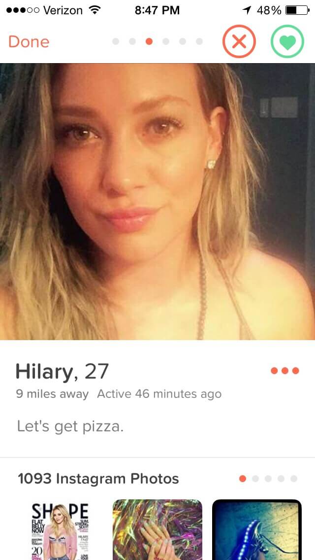 Check out Hilary Duff’s Tinder profile