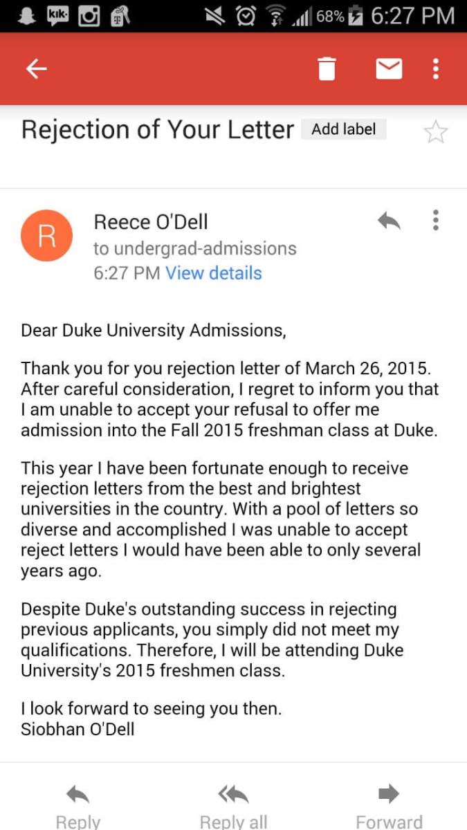 Girl rejects Duke University’s rejection letter