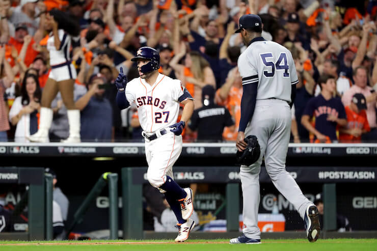 Jose Altuve delivered the game-winning, ALCS-winning home run off Aroldis Chapman on Saturday night. (Photo: Getty Images)