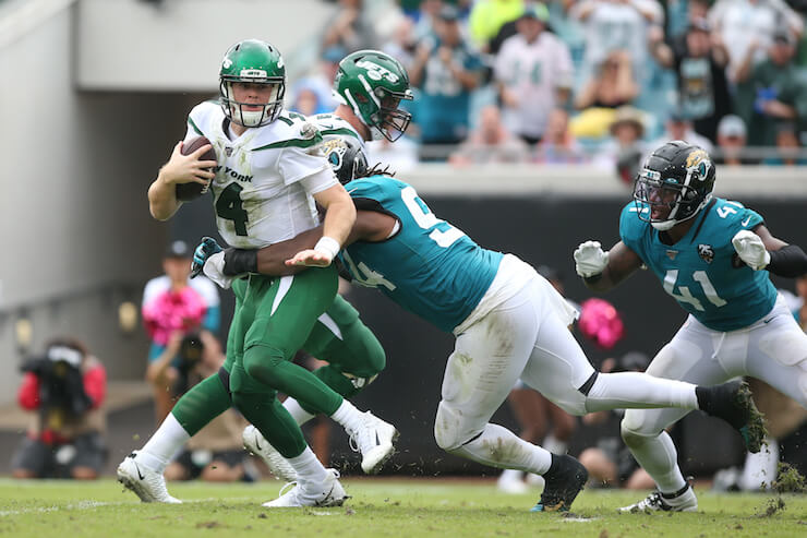 Sam Darnold threw another three interceptions on Sunday against the Jaguars. (Photo: Getty Images)