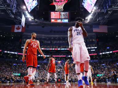 Joel Embiid was held scoreless in the 76ers' loss to Toronto. (Photo: Getty Images)