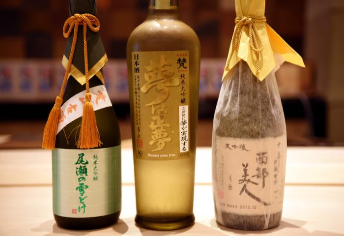 Sake bottles at Sushi Ginza Onodera