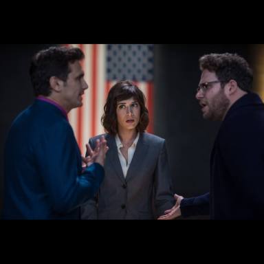 Lacey (Lizzy Caplan) with Dave (James Franco) and Aaron (Seth Rogen) in Columbia Pictures' THE INTERVIEW..