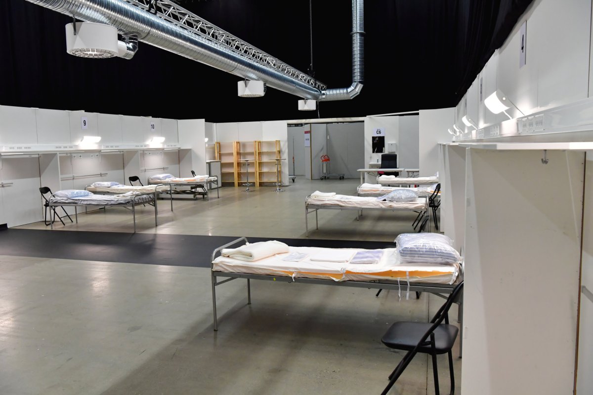 Beds are seen in a field hospital which will provide