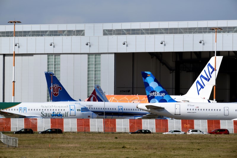 Planes are seen at the plant of  Airbus during