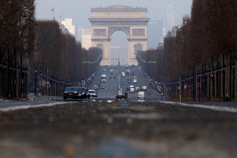 The Champs Elysees avenue in Paris as a lockdown is