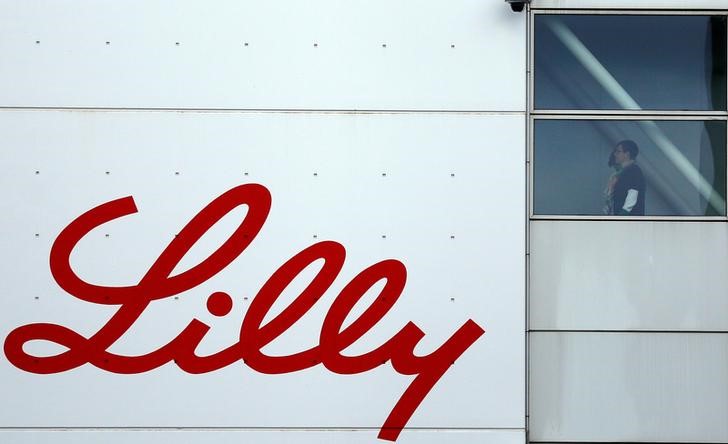 The logo of Lilly is seen on a wall of