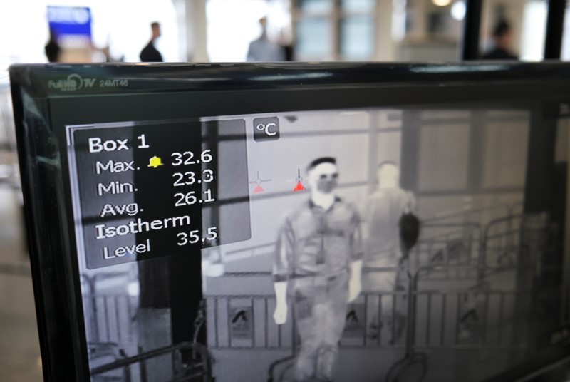 A screen shows a thermographic image of people walking through