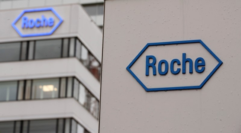 Logo of Swiss drugmaker Roche is seen at its headquarters
