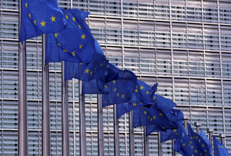 European Union flags fly outside the European Commission headquarters in