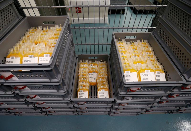 FILE PHOTO: Frozen plasma bags are pictured at the Interregional