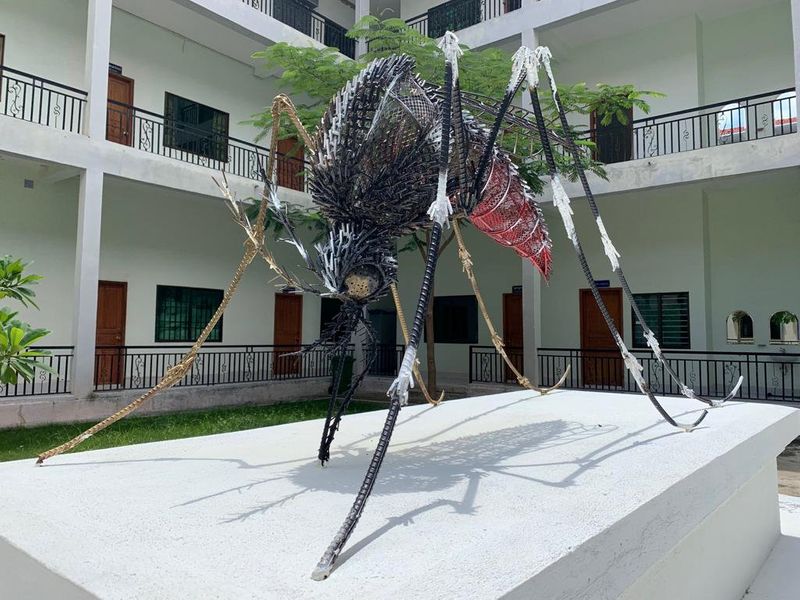A giant sculpture of a mosquito is pictured in the