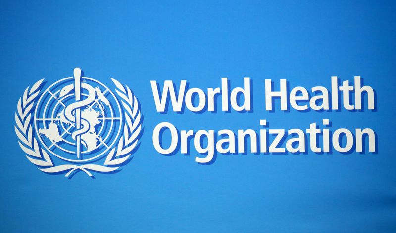 A logo is pictured at the WHO building in Geneva