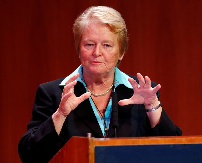 FILE PHOTO: Brundtland, former PM of Norway, speaks at launch