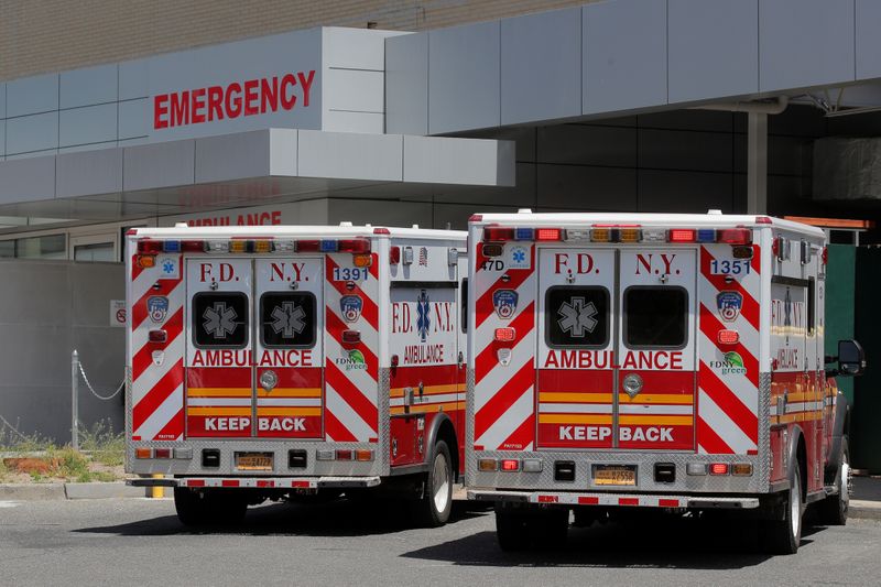 New York City Fire Department (FDNY) Ambulances are parked at