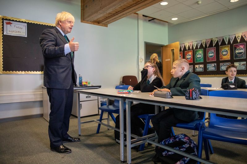 Britain’s Prime Minister Boris Johnson visits Castle Rock school on