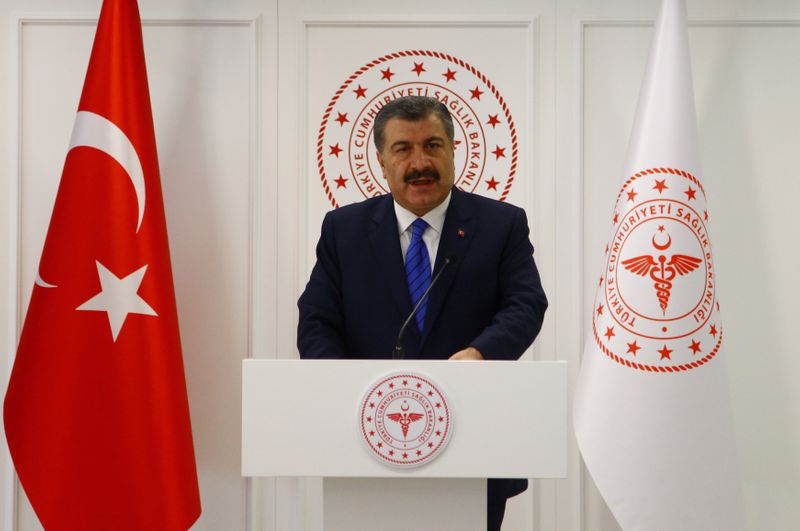 FILE PHOTO: Turkish Health Minister Koca speaks during a news