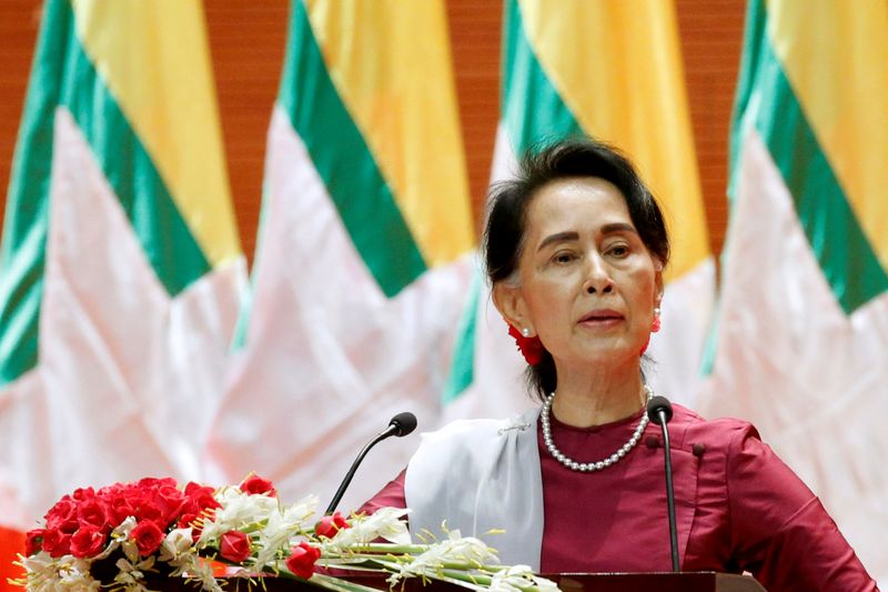 FILE PHOTO: Myanmar State Counsellor Aung San Suu Kyi delivers