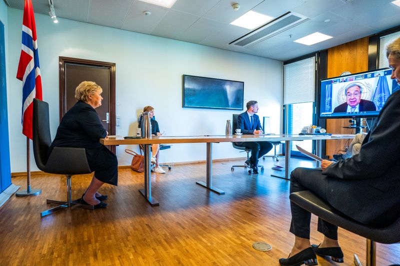 Norwegian Prime Minister Erna Solberg participates in a digital meeting