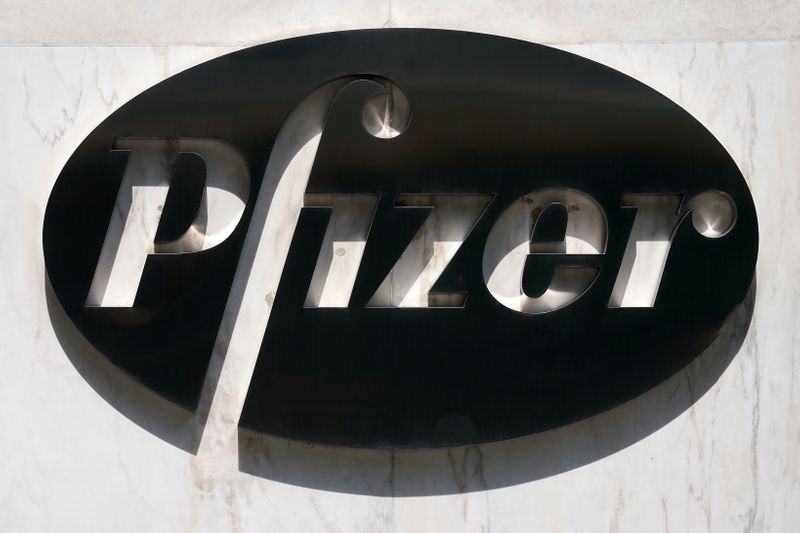 A sign is pictured outside Pfizer Headquarters in the Manhattan