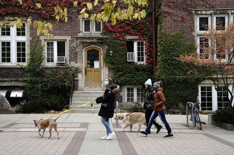 People walk their dogs on the campus of the University