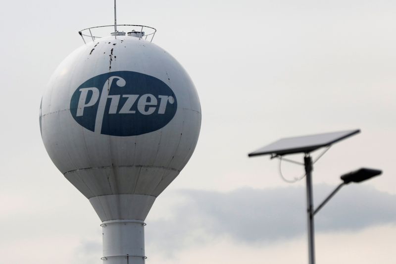 A logo of American pharmaceutical corporation Pfizer Inc., is pictured