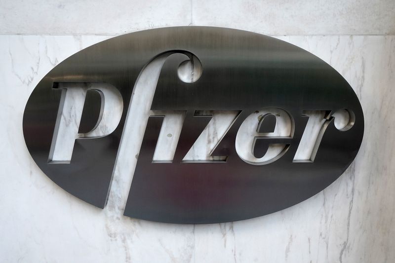 The Pfizer logo is pictured on their headquarters building
