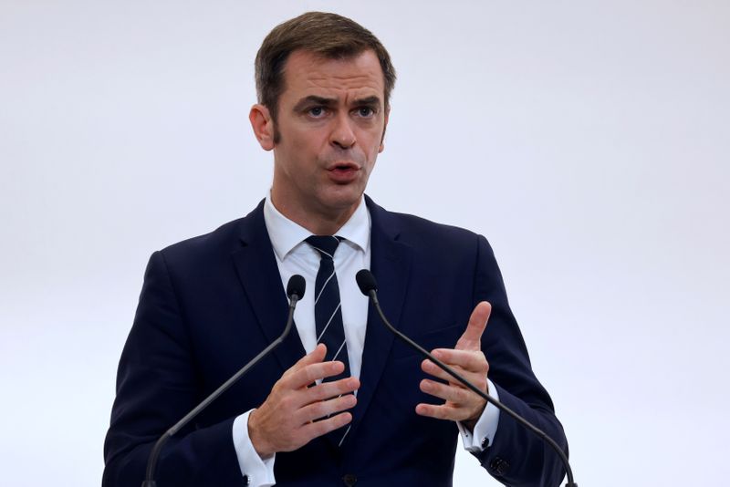 FILE PHOTO: French Health Minister Olivier Veran speaks during a